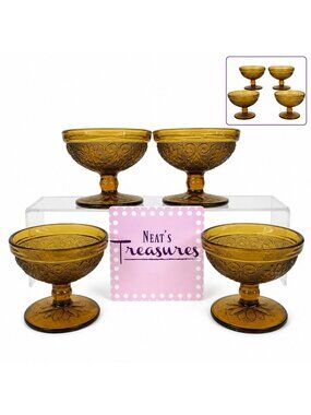 Vintage Tiara AMBER SANDWICH Pattern Footed Low Sherbet Dessert Glasses Set of 4